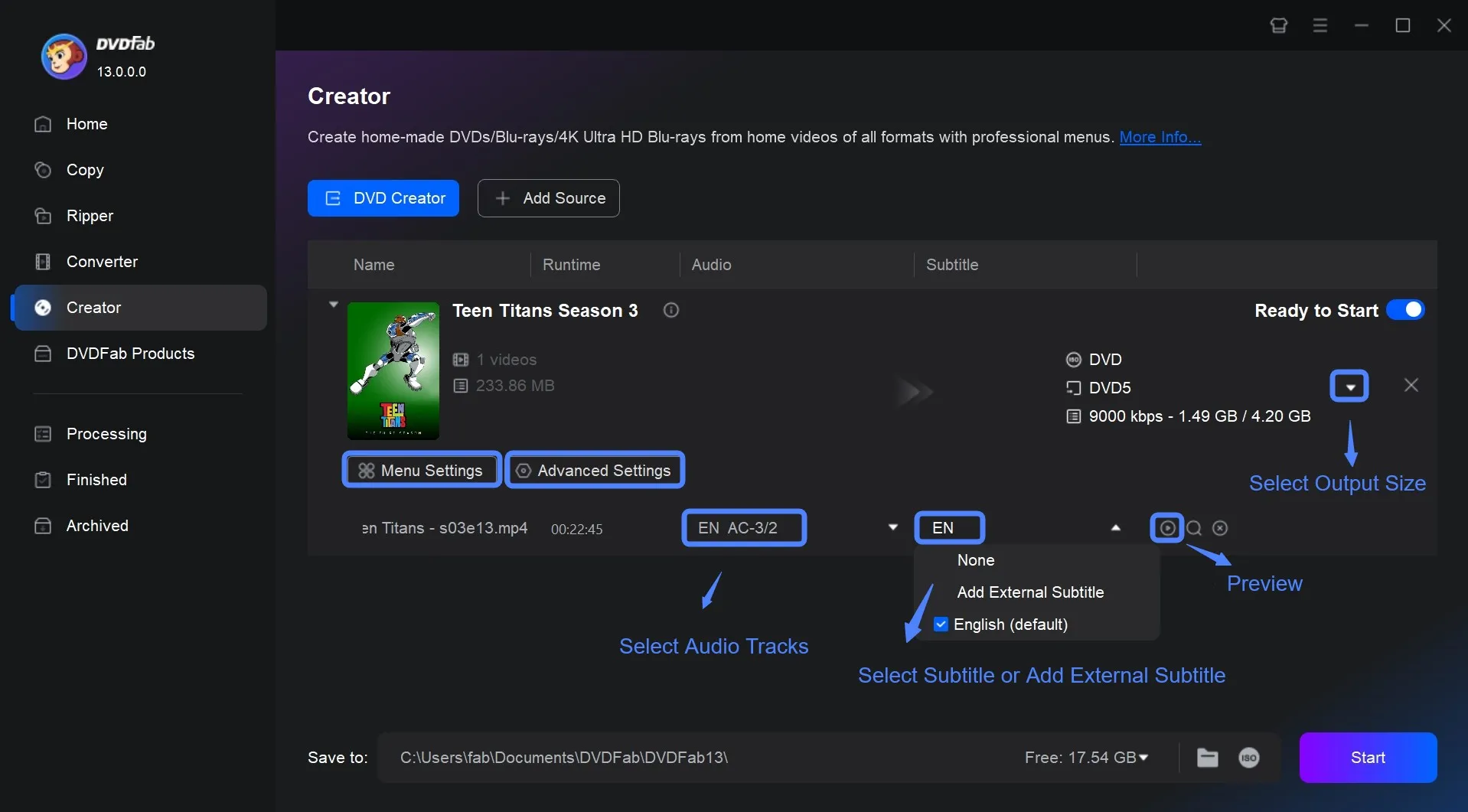 Creator module in DVDFab DVD Menu Maker