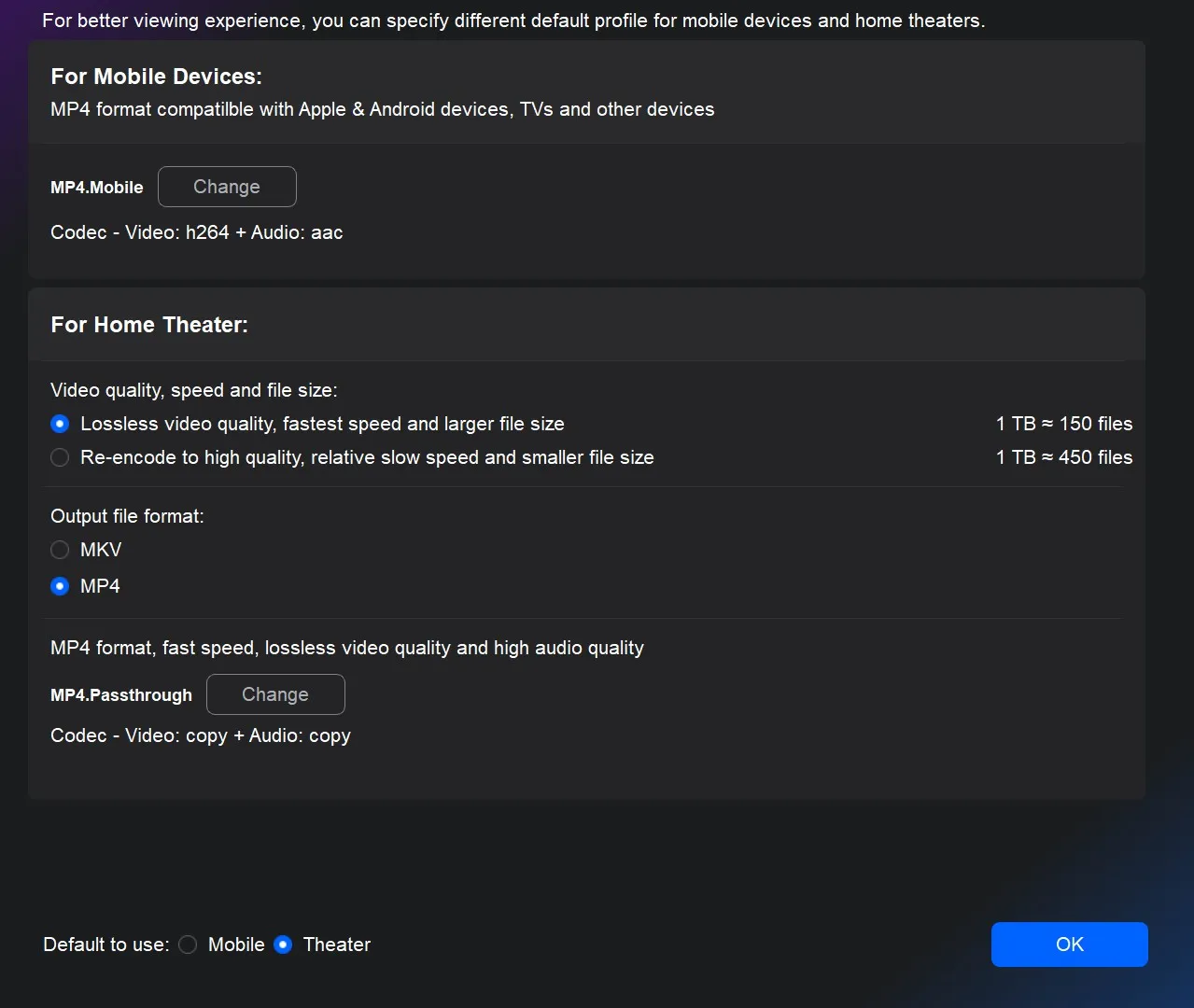 Specify an MP4 profile for mobile device or home theatre