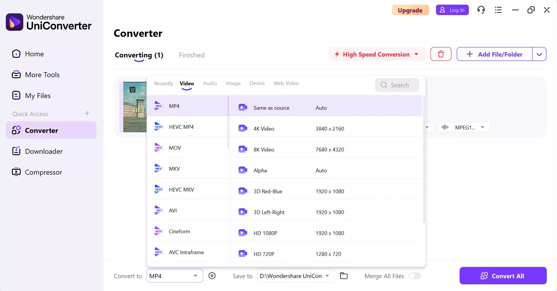 Choose MP4 format in Wondershare UniConverter