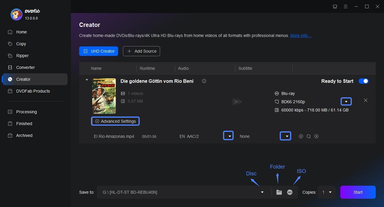 Customize the Output Settings using DVDFab UHD Creator