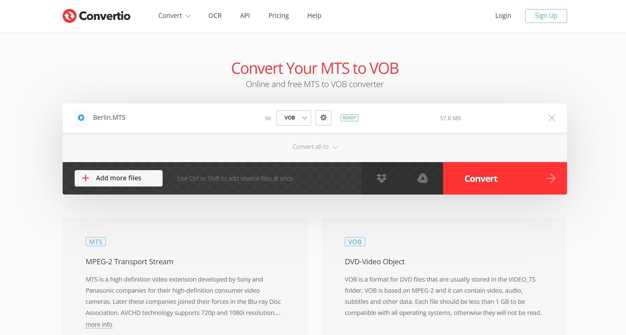 Convert MTS/M2TS File to DVD (VOB) Online with Convertio