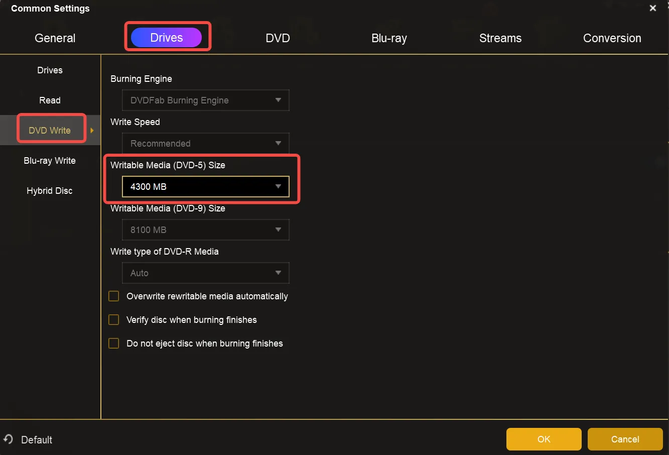 DVD-5 Drives writable media size